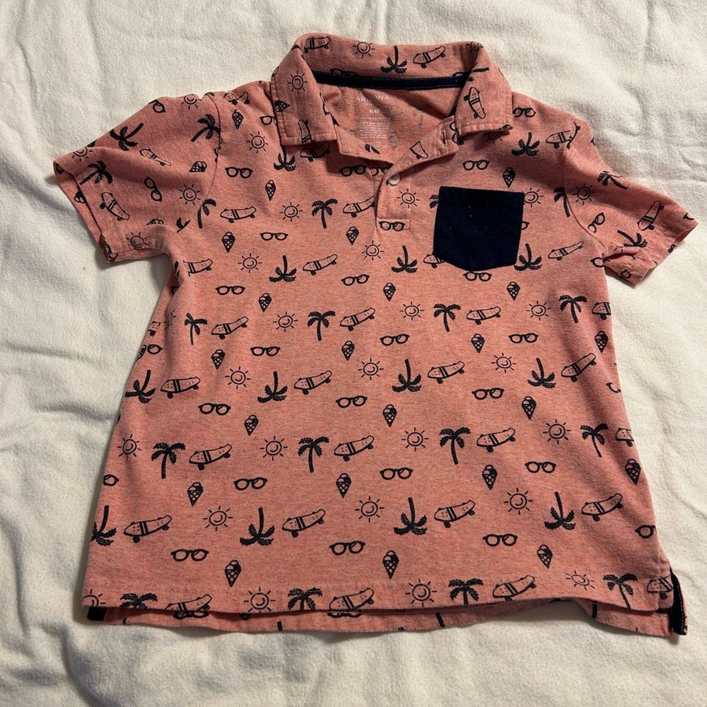 Kids' Orange Palm Tree and Skateboard Patterned Shirt‎ with Pocket